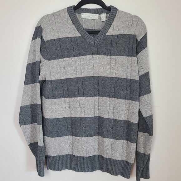 Vintage Oscar De La Renta Men's Knit V Neck Sweater Gray Stripes XL - Picture 1 of 6